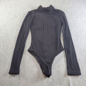 FOREVER 21 Bodysuit Womens Small Black Ribbed Comfort Stretch Back Zip One Piece